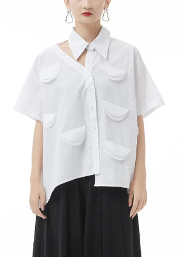 White Patchwork Blouse Tops Hollow Out Short Sleeve