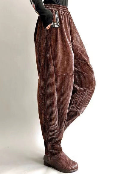 Loose Black Pockets Corduroy High Waist Warm Fleece Lantern Pants Winter