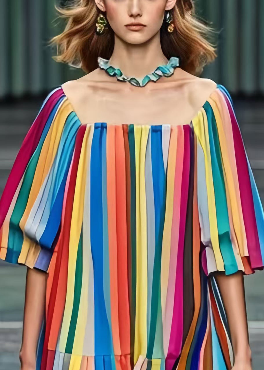 Rainbow Square Colla Striped Chiffon Tea Dress Summer