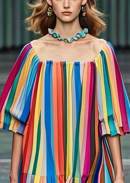 Rainbow Square Colla Striped Chiffon Tea Dress Summer