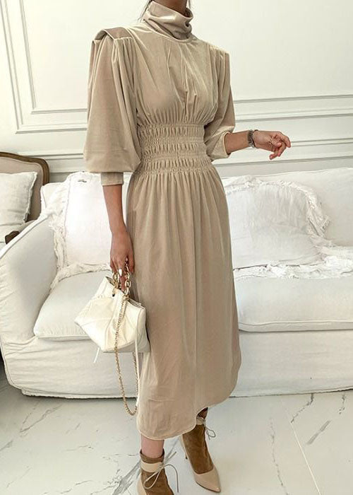Simple Apricot Hign Neck Wrinkled Velour Maxi Dress Spring