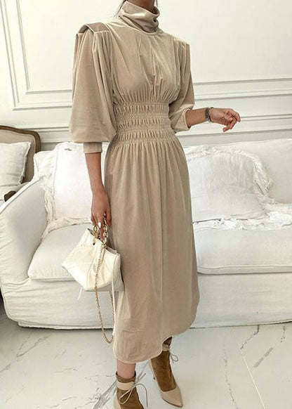 Simple Apricot Hign Neck Wrinkled Velour Maxi Dress Spring