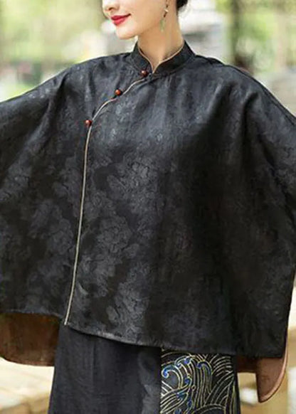 Black Stand Collar Low High Design Jacquard Silk Tops Batwing Sleeve