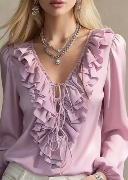 Purple Ruffled Lace Up Chiffon Blouses V Neck Lantern Sleeve Spring