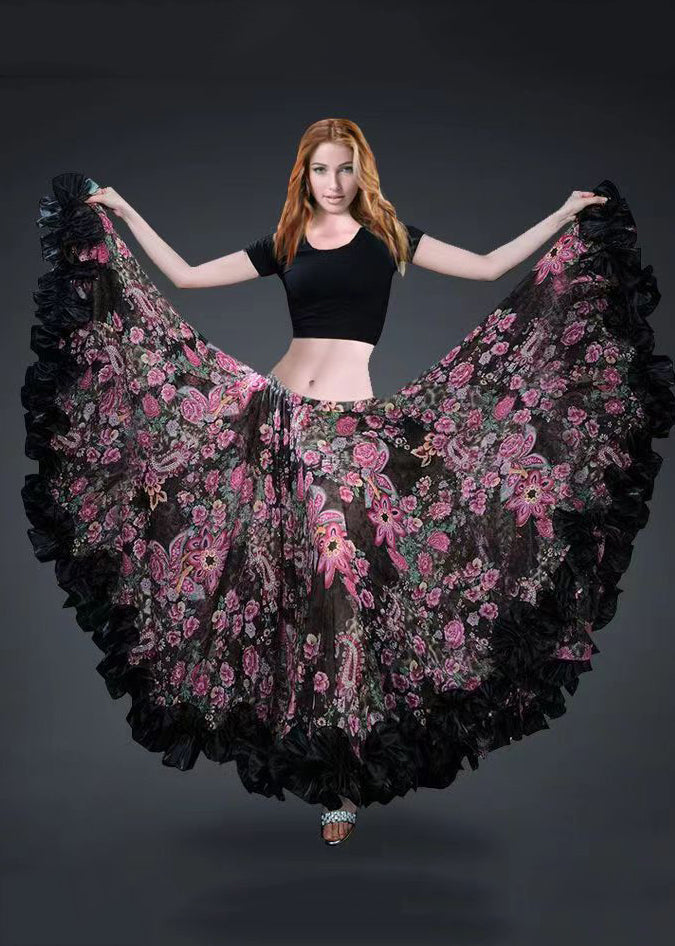 Photo Color Ruffled Print Exra Large Hem Chiffon Skirt Spring