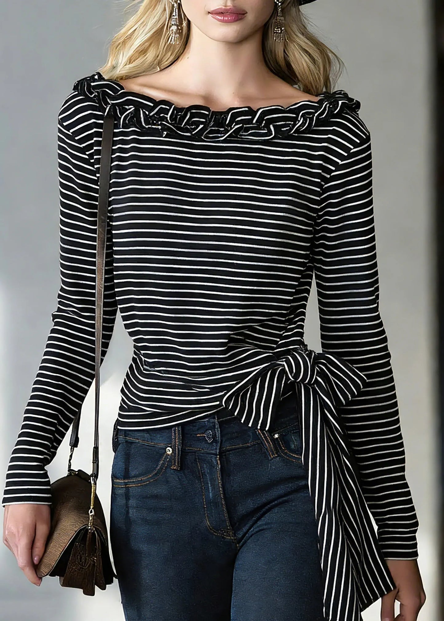 Black Striped Tie Waist T Shirts Spring