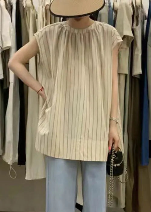 Loose Striped O-neck Side Open Cotton Shirt Vest Sleeveless