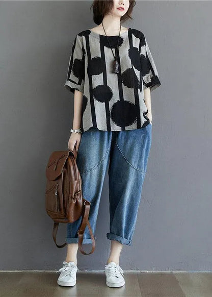 Water Ink Polka Dot Stripe Printed Cotton Linen T-shirt