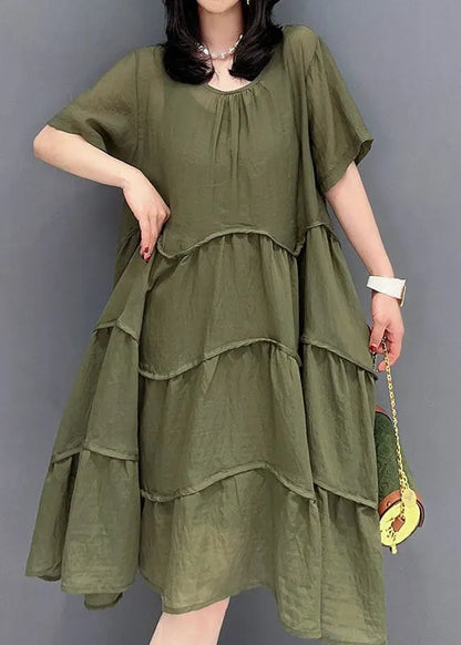 Green Patchwork Cotton 2 Piece Outfit Dress O-neck Wrinkled Summer
