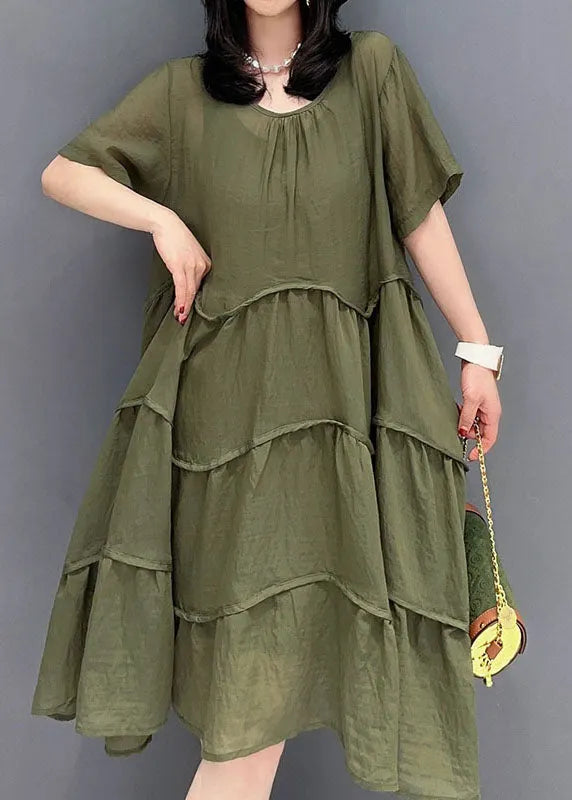 Green Patchwork Cotton 2 Piece Outfit Dress O-neck Wrinkled Summer
