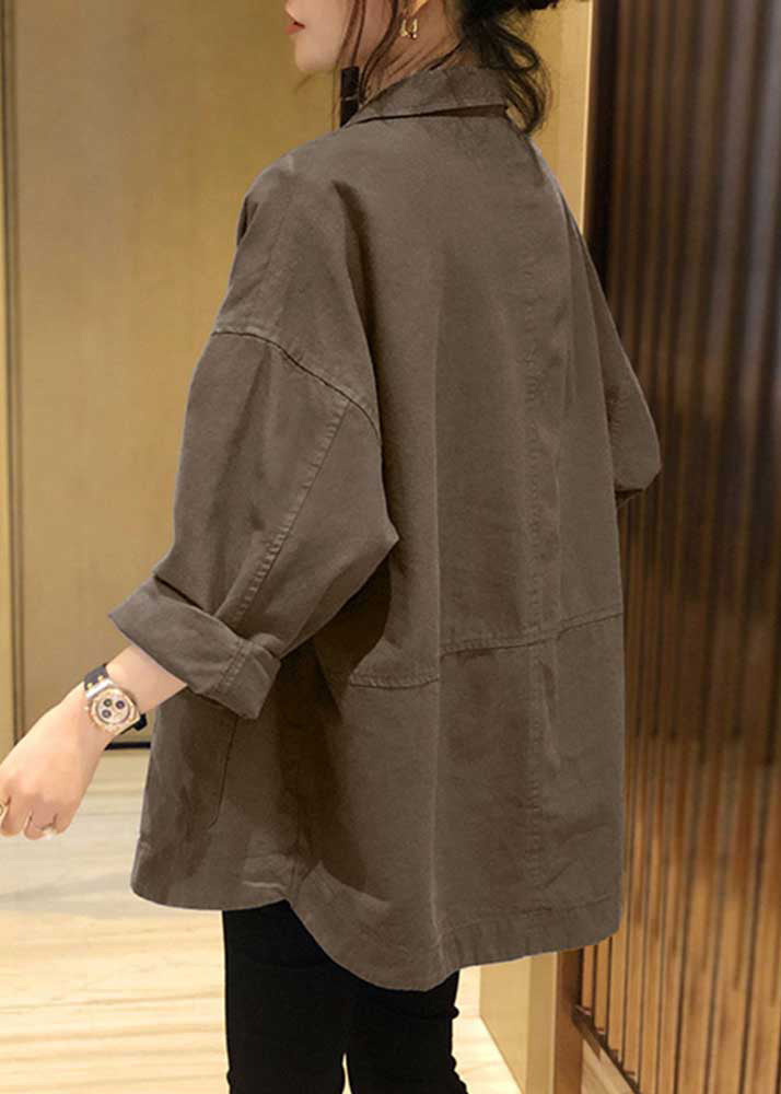 Khaki Notched Pockets Patchwork Cotton Coats Fall