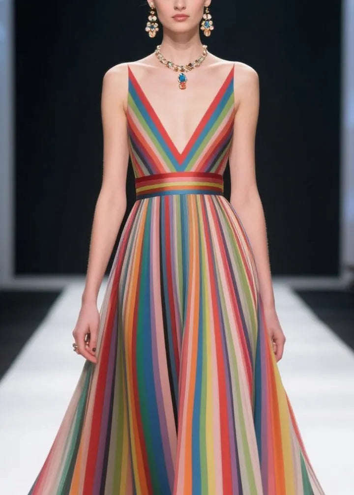 Fine Rainbow Striped Patchwork Multicolor Flower Chiffon Tunic Dress Summer