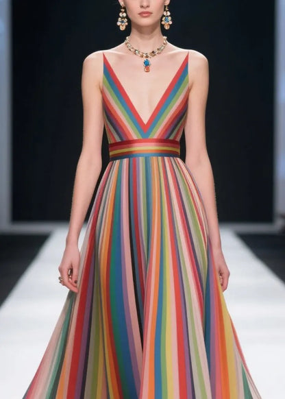 Fine Rainbow Striped Patchwork Multicolor Flower Chiffon Tunic Dress Summer