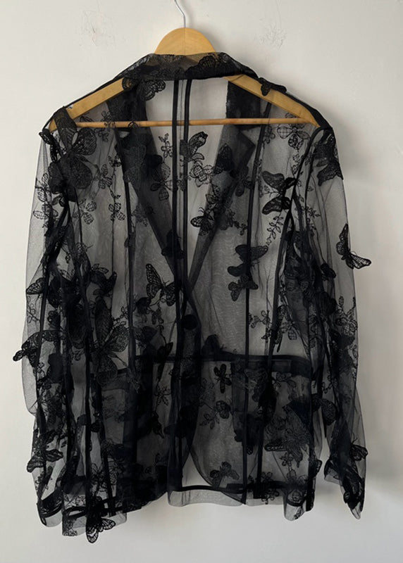 Oversized Black Notched Butterfly Embroidered Tulle Shirt Summer