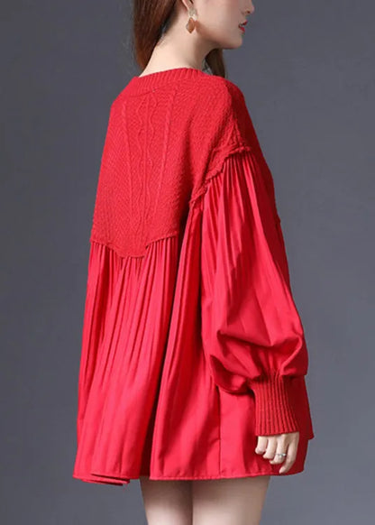Red V Neck Patchwork Knit Pullover Spring