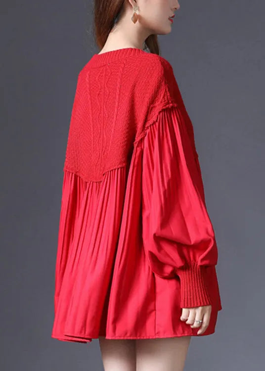 Red V Neck Patchwork Knit Pullover Spring