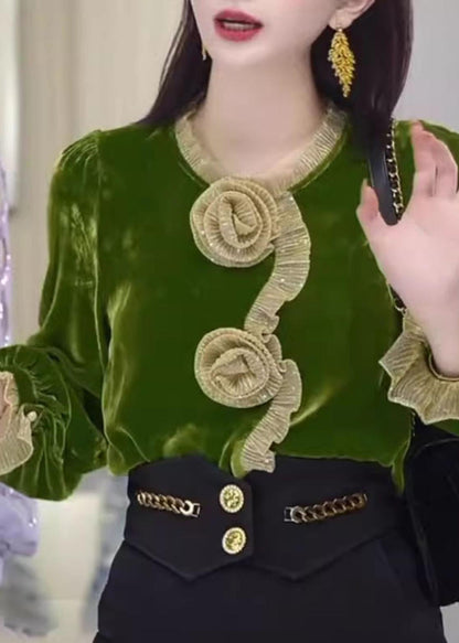 Vogue Green O-neck Silk Velour Shirt Flare Sleeve