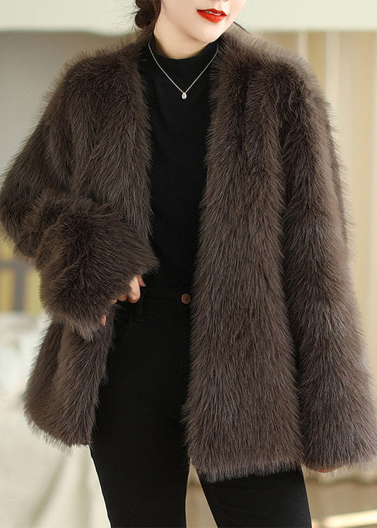 Boutique Coffee V Neck Faux Fur Coats Winter