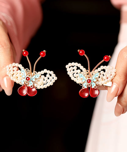 Red Alloy Pearl Colored Glaze Butterfly Kids a Pair Hairpin