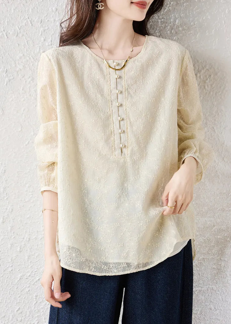 Boutique Beige Oversized Jacquard Cotton Blouse Tops Fall