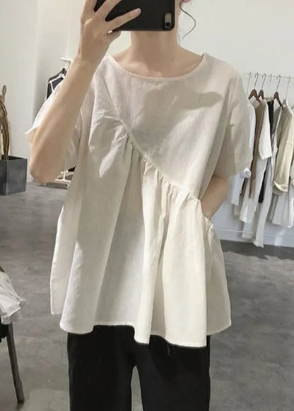 Grey O-neck Asymmetrical Wrinkled Top Short Sleeve