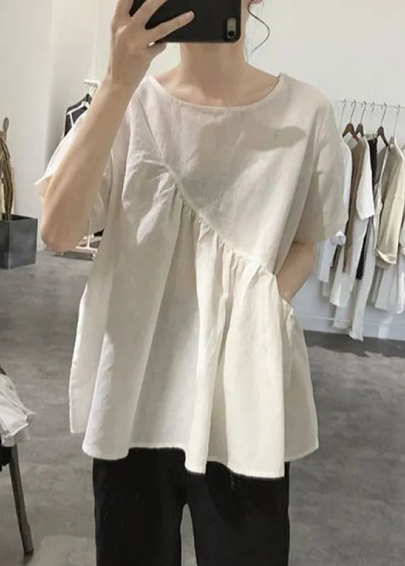 Grey O-neck Asymmetrical Wrinkled Top Short Sleeve