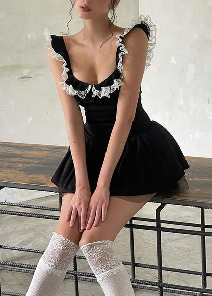Black Lace Ruffled Patchwork Cotton Mini Dress Summer