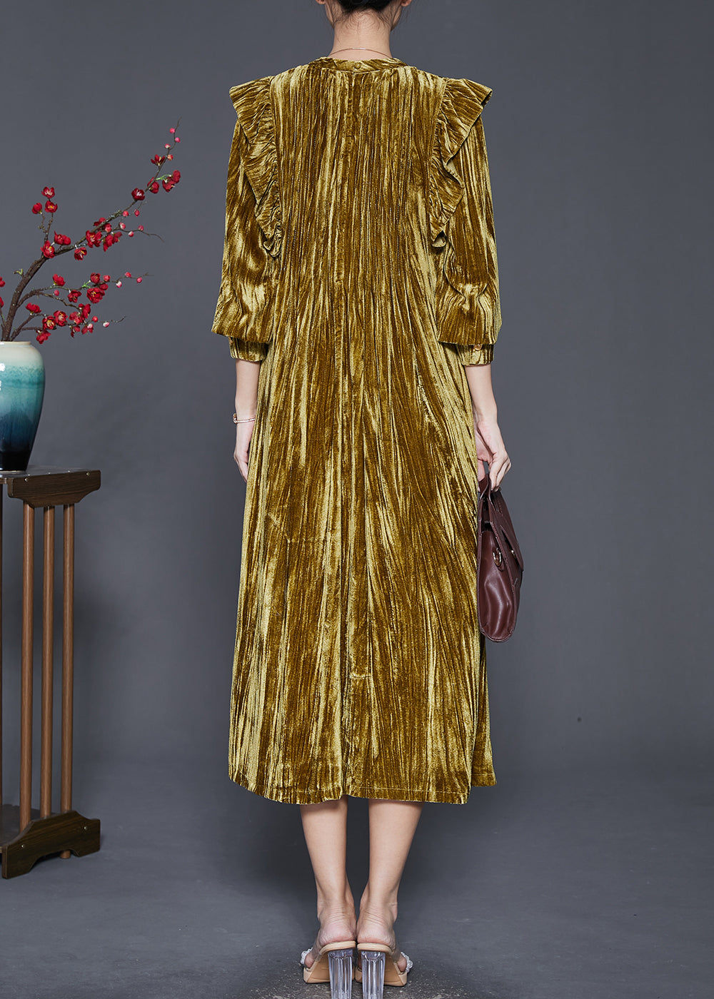 Green Ruffled Wrinkled Silk Velour Holiday Dress Spring