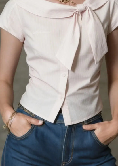 French Pink O Neck Bow Button Cotton Tops Summer