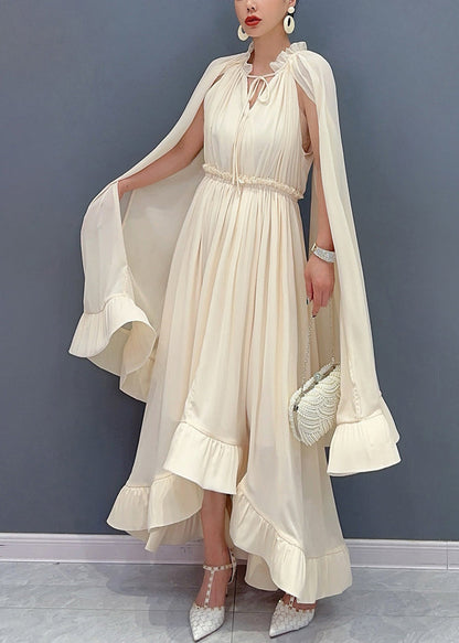Apricot Ruffled Patchwork Elastic Waist Chiffon Maxi Dress Summer