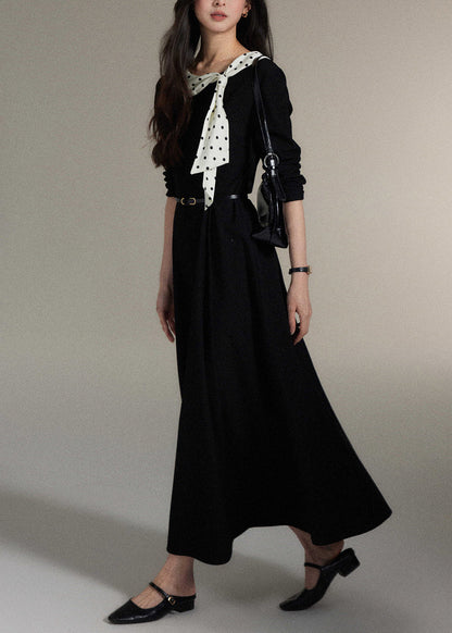 Black Bow Pockets Wool Long Dress Fall