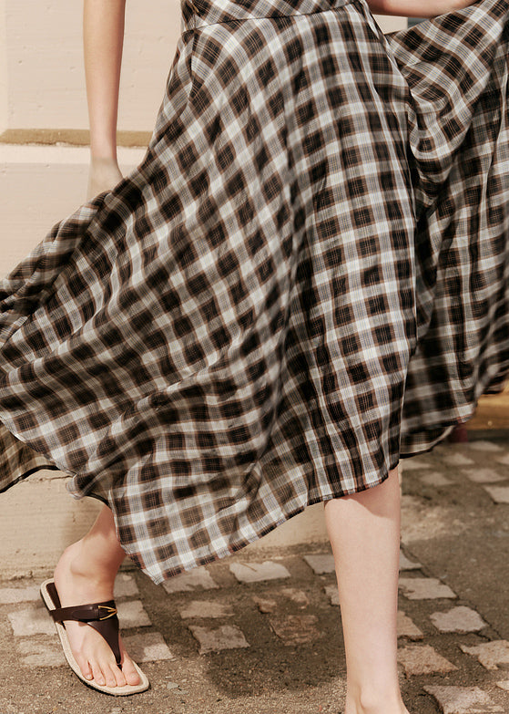 Natural Coffee Plaid Asymmetrical High Waist Silk Cotton a Line Skirts Summer