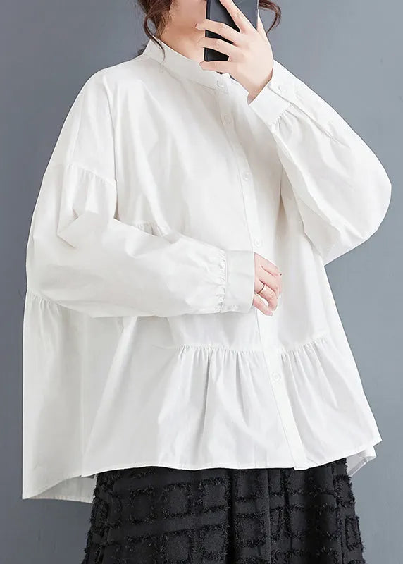 White Stand Collar Patchwork Cotton Shirts Spring
