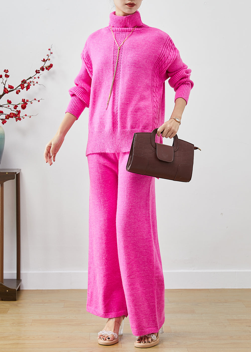 Rose Thick Knit Two Piece Set Clothing High Neck Fall