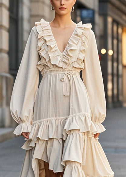 Apricot Ruffled Asymmetrical Design Cotton Cinched Dress Fall