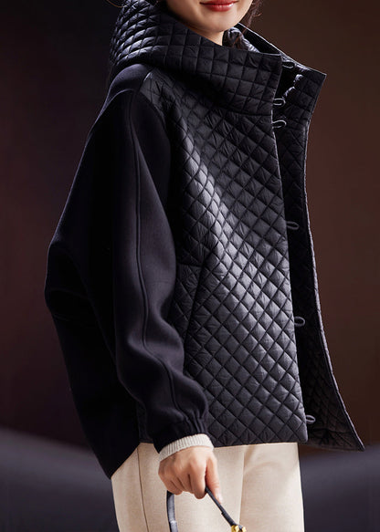 Black Hooded Button Cotton Filled Coats Long Sleeve