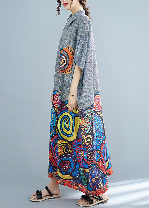 Peter Pan Collar Print Button Cotton Long Shirts Dress Summer