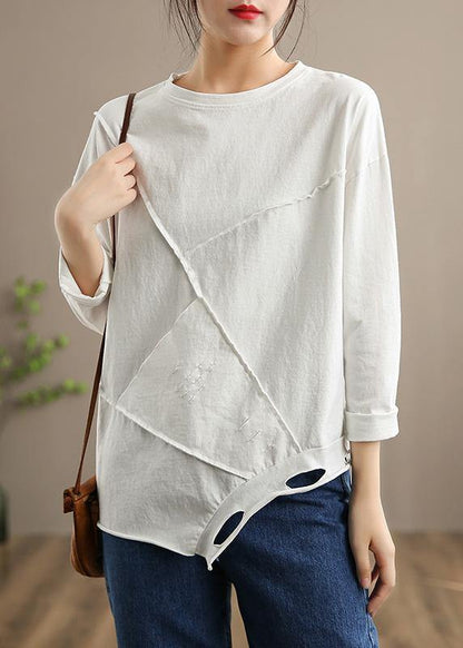 Italian O Neck Hole Spring Tops Blouses Cotton White Tops