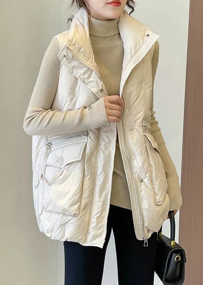 French Caramel Embroideried Pockets Duck Down Vests Winter