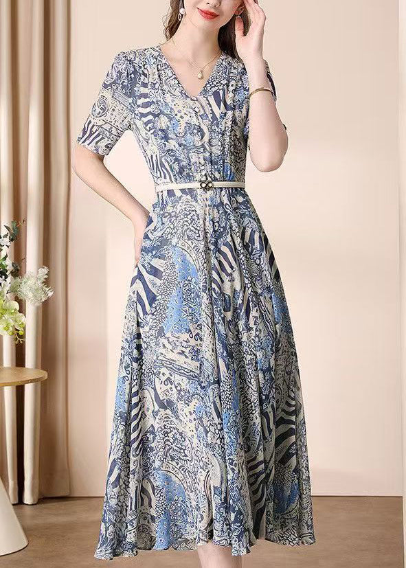 V Neck Print Wrinkled Chiffon Dress Summer