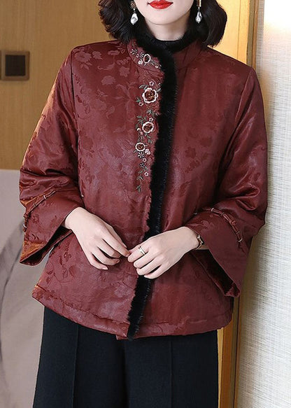 Rust Embroidered Mink Hair Patchwork Cotton Filled Coats Winter