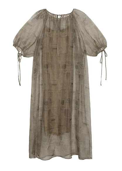 Style O Neck Print Lace Up Silk Dress Summer