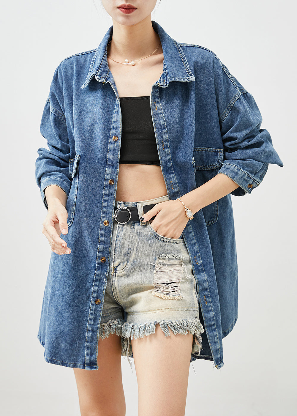 Simple Blue Oversized Pockets Denim Coat Outwear Spring