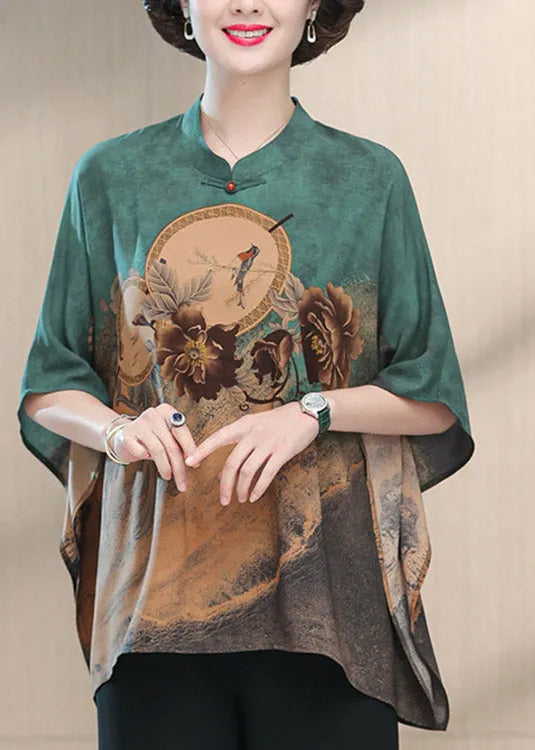 Green O-neck Print Button Silk Top Half Sleeve