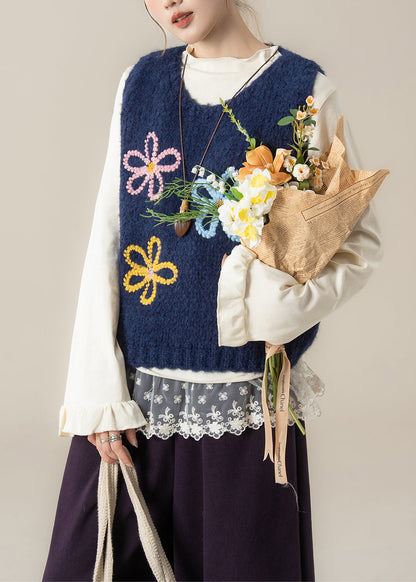 Navy Cozy Knit Vest Tops O Neck Spring
