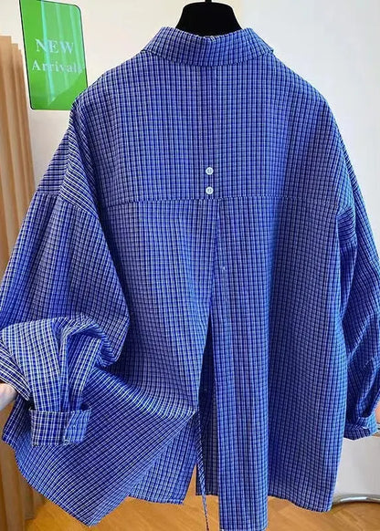 Blue Peter Pan Collar Plaid Cotton Shirts Top Fall