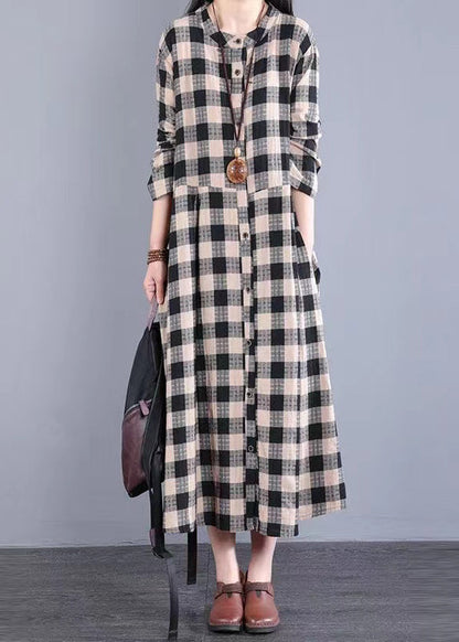 Black Plaid Stand Collar Patchwork Cotton Long Dresses Fall