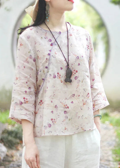 Light Purple O-neck Button Print Linen Blouse Top Spring