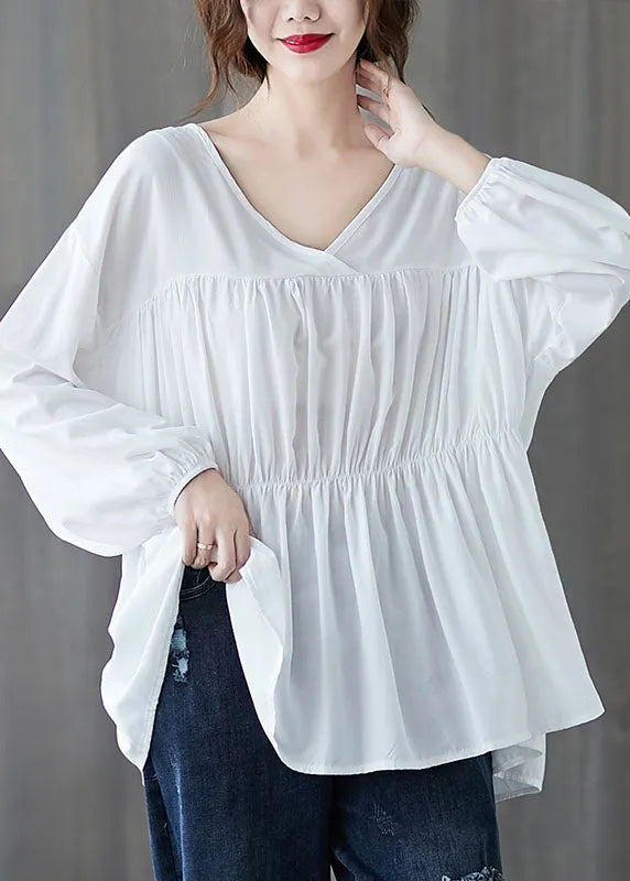 White Loose V Neck Wrinkled Fall Long Sleeve Shirt Top