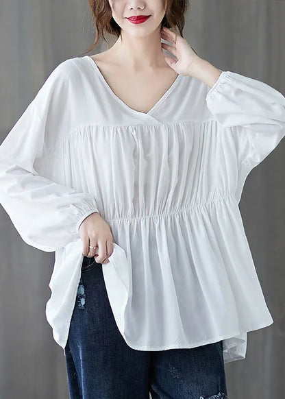 White Loose V Neck Wrinkled Fall Long Sleeve Shirt Top